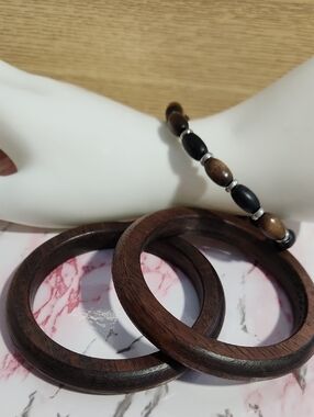 Wooden Bangles and Beaded Bracelet Set - Brown and Black